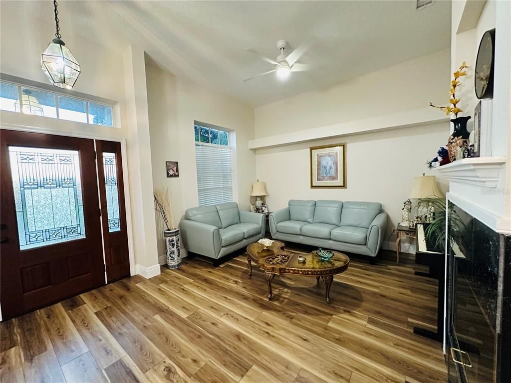 Fireplace, Interior, Living room, Pendant Lights, Wood Texture Flooring