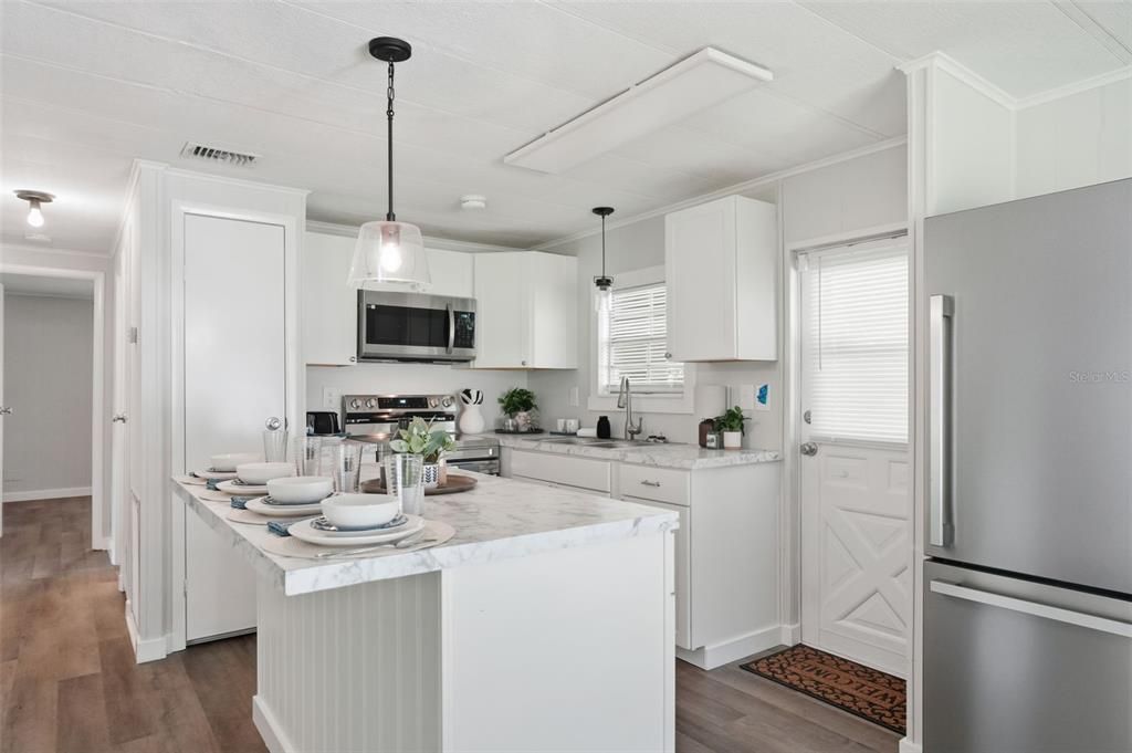 Interior, Kitchen, Pendant Lights, Stainless Steel Appliances, Wood Texture Flooring