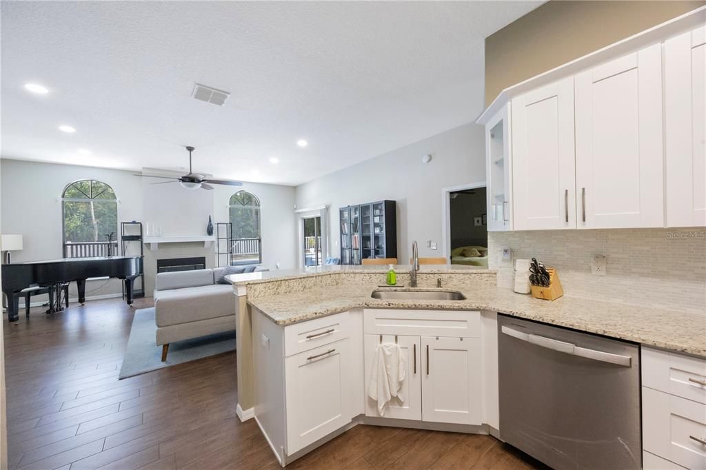 Interior, Kitchen, Living room, Piano, Recessed Lighting, Wood Texture Flooring