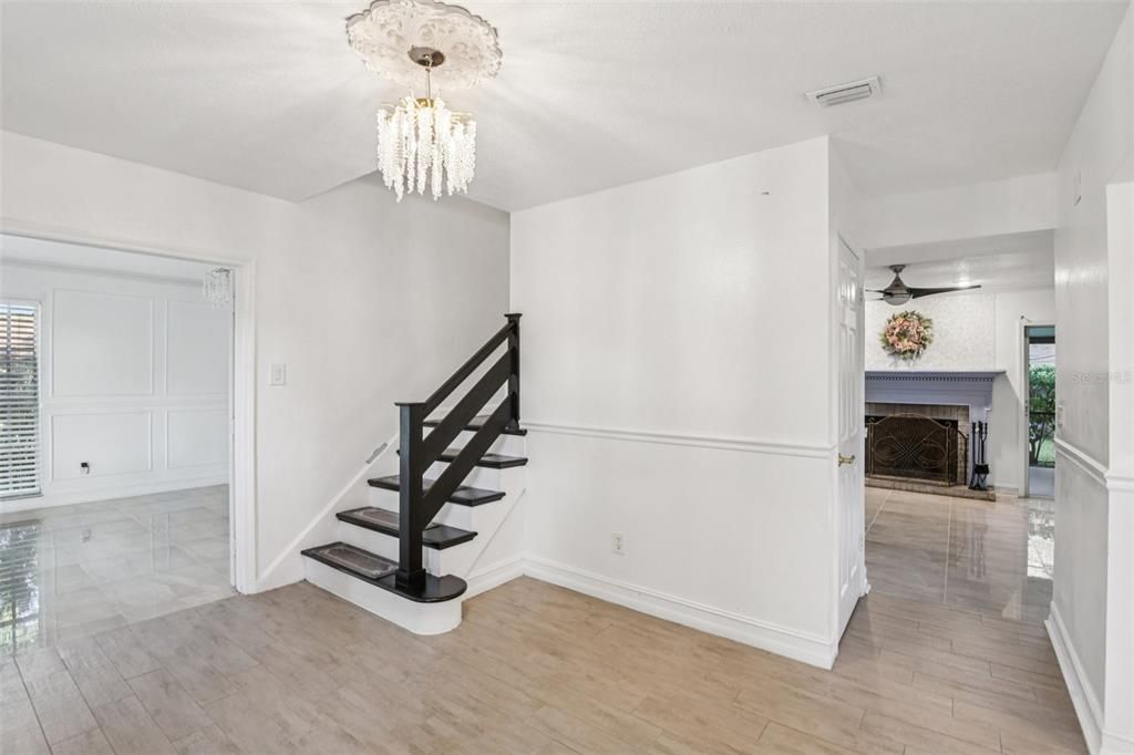 Chandelier, Empty room, Fireplace, Interior, Wood Texture Flooring