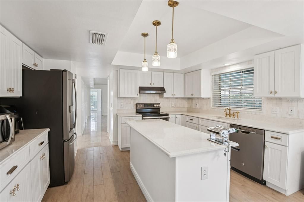 Interior, Kitchen, Pendant Lights, Stainless Steel Appliances, Wood Texture Flooring
