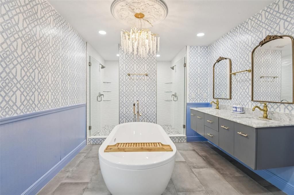 Bathroom, Chandelier, Dual Sink Vanities, Free Standing Baths, Interior, Recessed Lighting