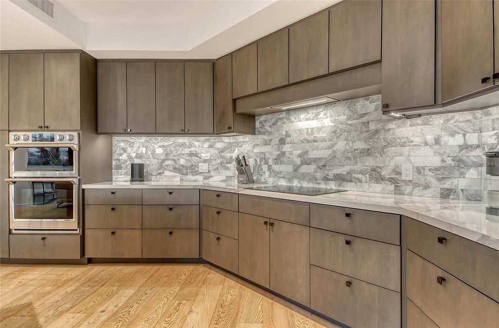 Interior, Kitchen, Marble Walls, Stainless Steel Appliances, Wood Texture Flooring