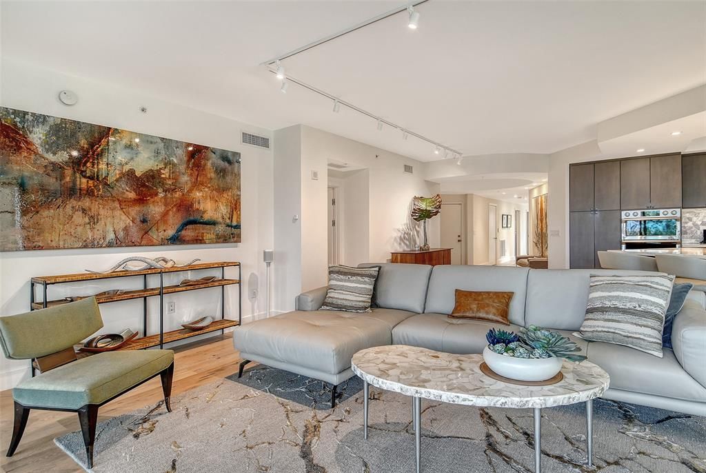 Interior, Kitchen, Living room, Recessed Lighting, Stainless Steel Appliances, Wood Texture Flooring