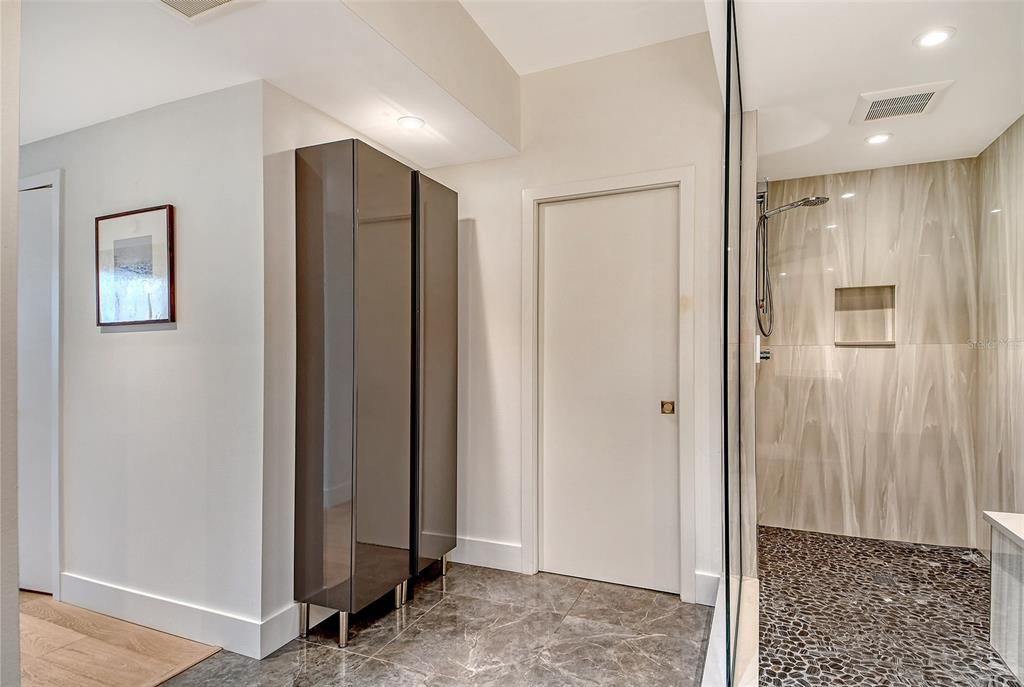 Bathroom, Glass Shower, Interior, Marble Walls, Recessed Lighting