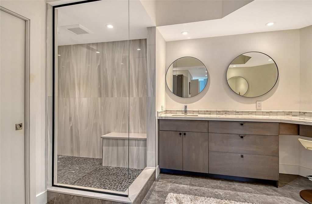 Bathroom, Dual Sink Vanities, Glass Shower, Interior, Recessed Lighting