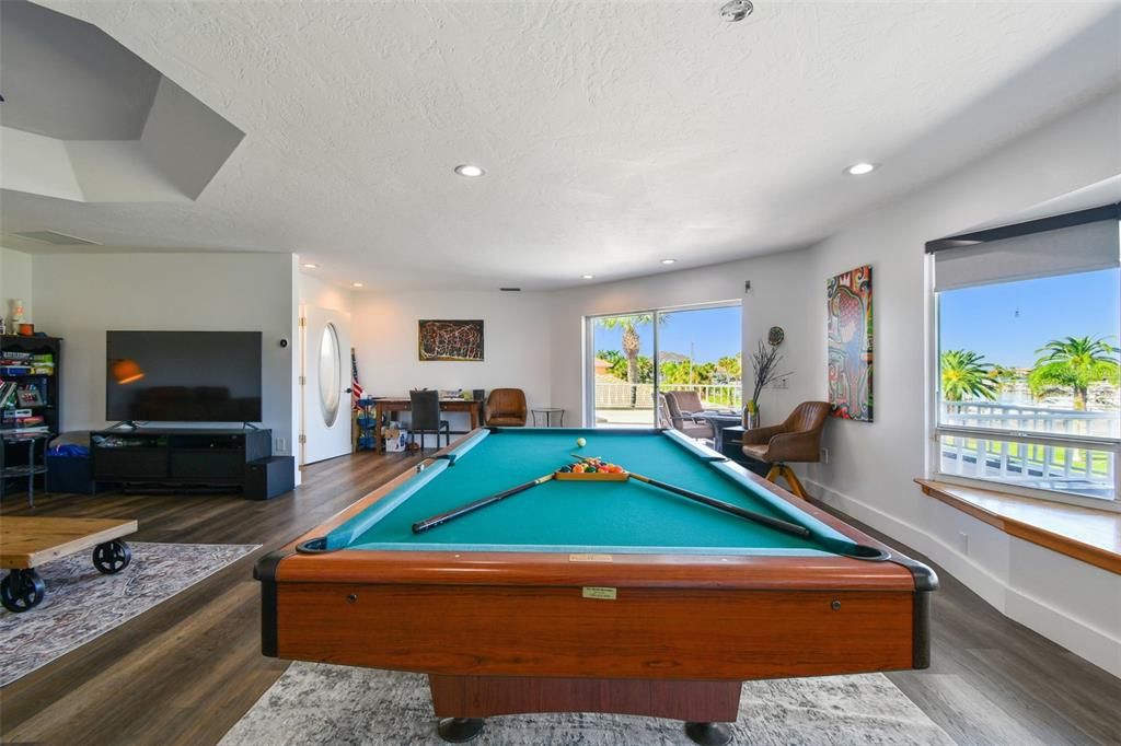 Billiard Table, Game Room, Interior, Recessed Lighting, Wood Texture Flooring