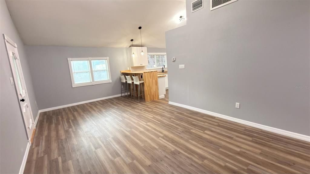 Empty room, Interior, Kitchen, Pendant Lights, Wood Texture Flooring