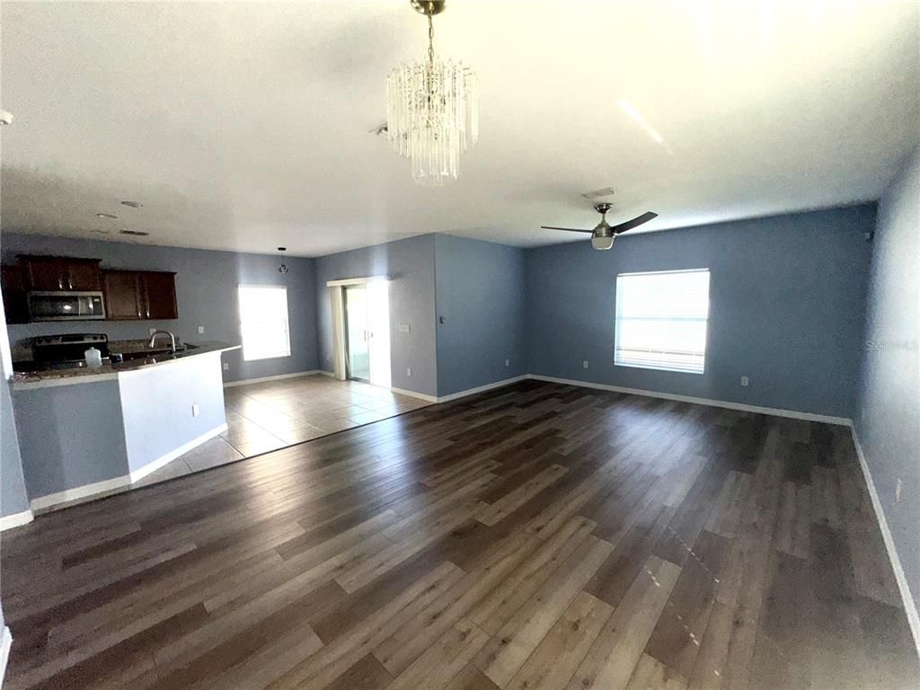 Chandelier, Empty room, Interior, Kitchen, Wood Texture Flooring