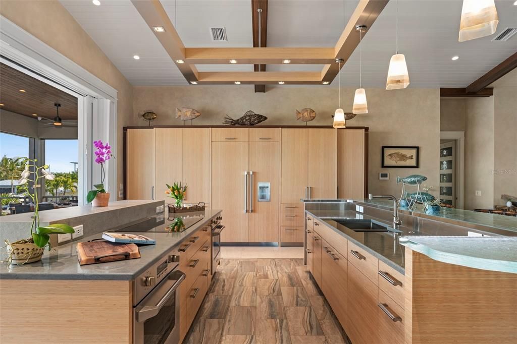 Interior, Kitchen, Pendant Lights, Recessed Lighting, Stainless Steel Appliances, Wooden Beams, Wood Texture Flooring