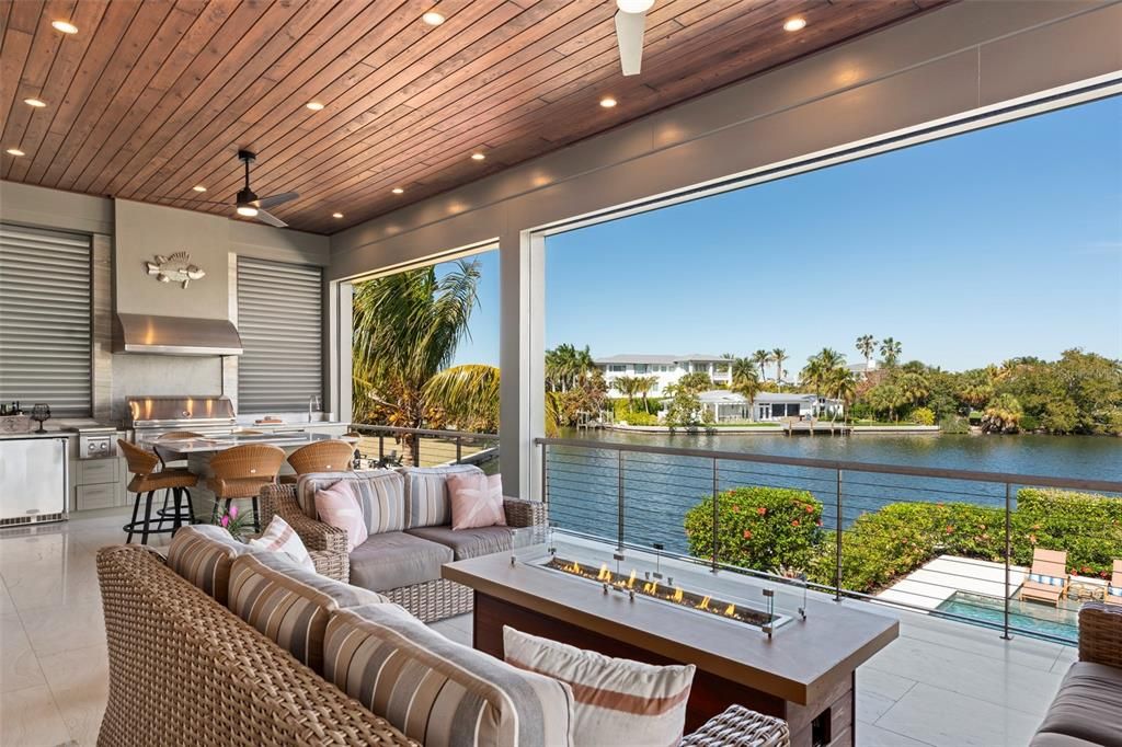 Dining room, Exterior, Living room, Recessed Lighting, Water, Wooden Ceilings