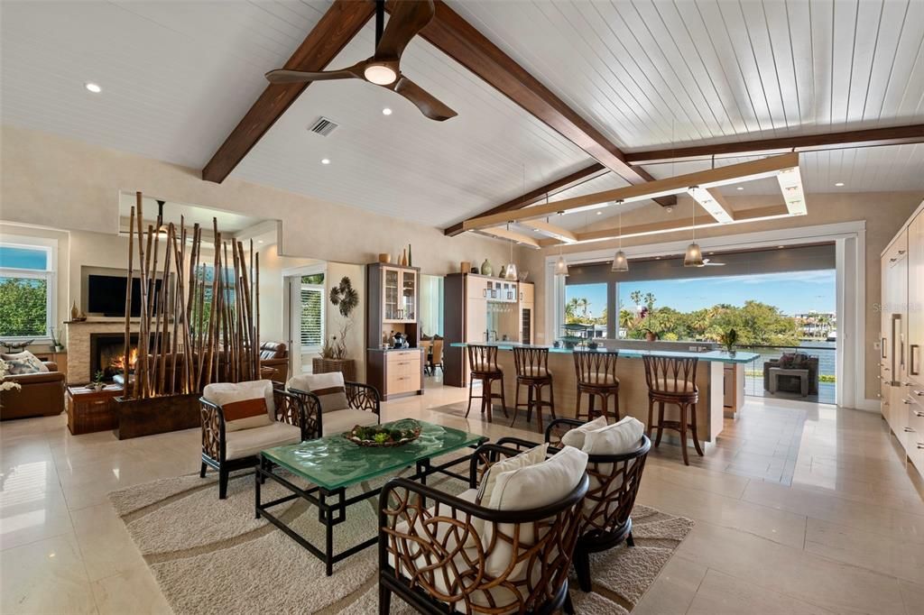 Fireplace, Interior, Living room, Pendant Lights, Recessed Lighting, Water, Wooden Beams