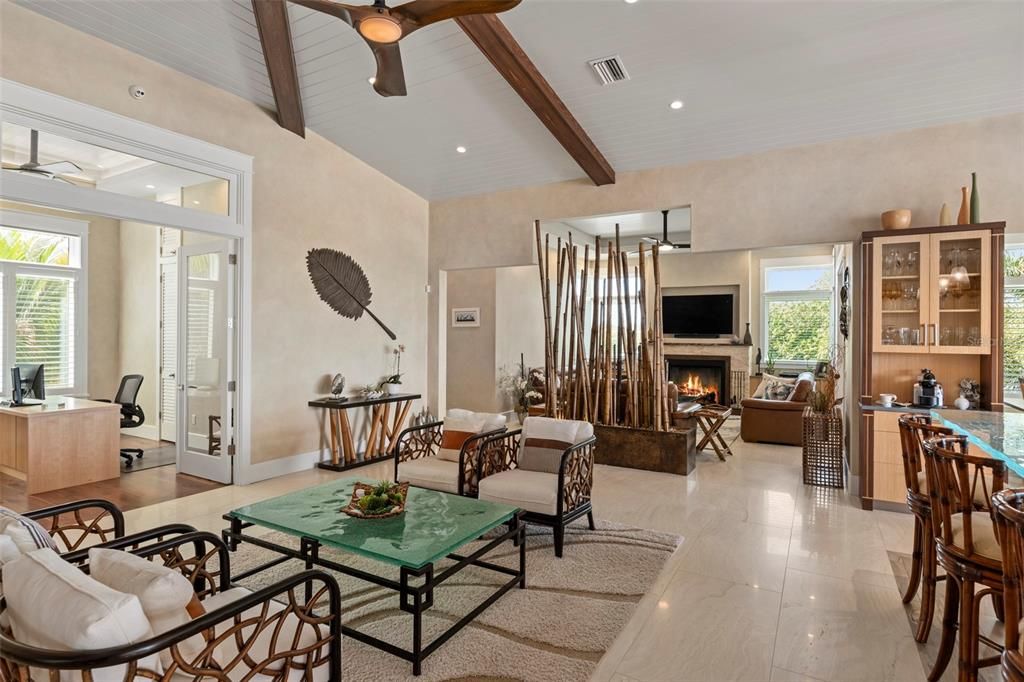 Fireplace, Interior, Living room, Recessed Lighting, Wooden Beams