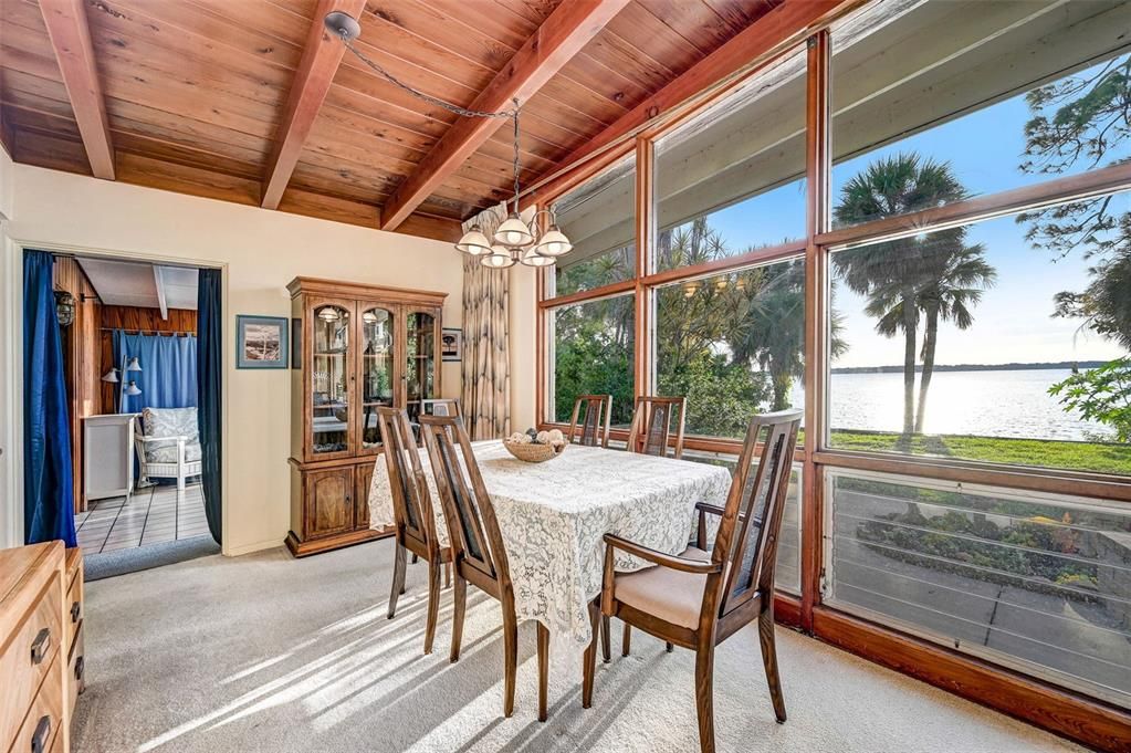 Dining room, Interior, Pendant Lights, Water, Wooden Beams, Wooden Ceilings