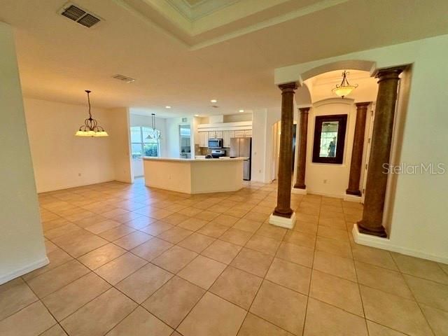 Empty room, Interior, Kitchen, Pendant Lights, Recessed Lighting, Stainless Steel Appliances