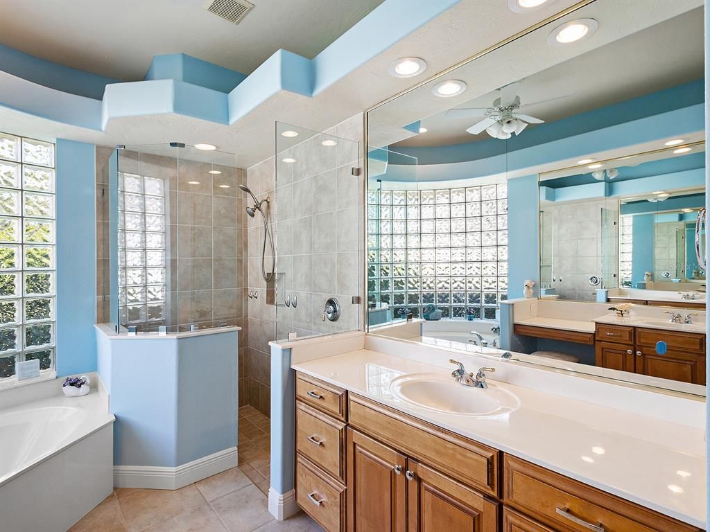 Bathroom, Dual Sink Vanities, Glass Shower, Interior, Recessed Lighting