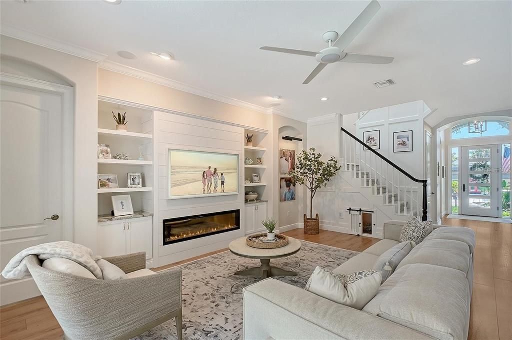Fireplace, Interior, Living room, Recessed Lighting, Wood Texture Flooring