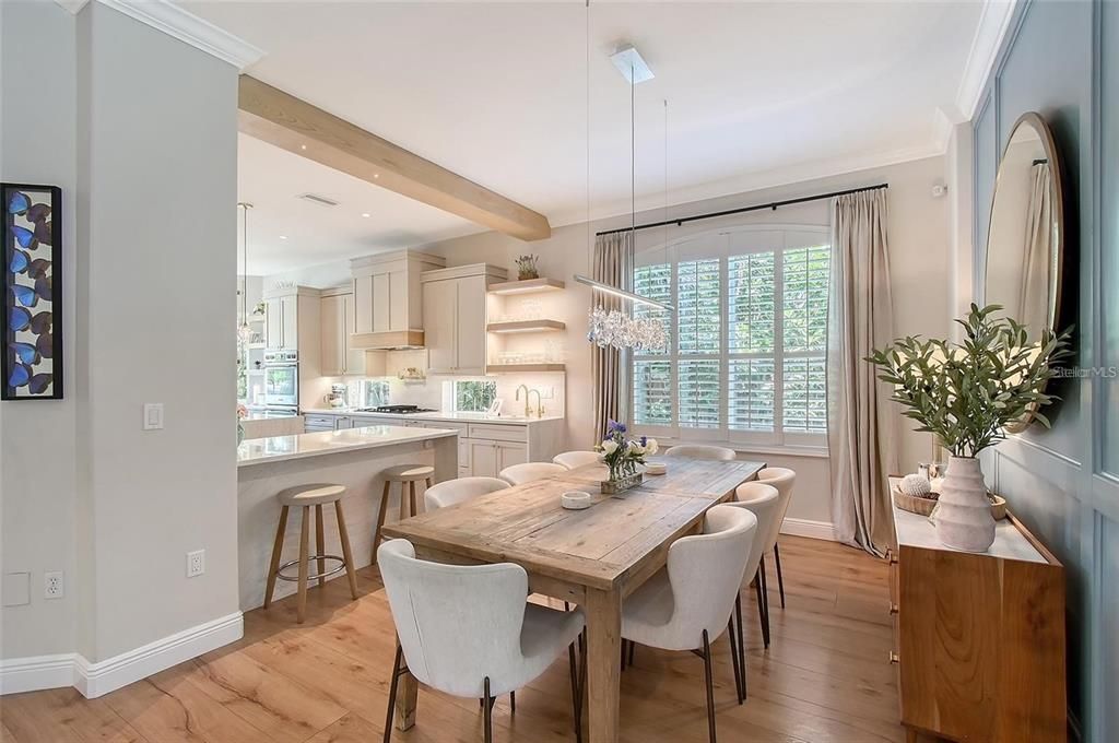 Chandelier, Dining room, Interior, Kitchen, Pendant Lights, Recessed Lighting, Wooden Beams, Wood Texture Flooring