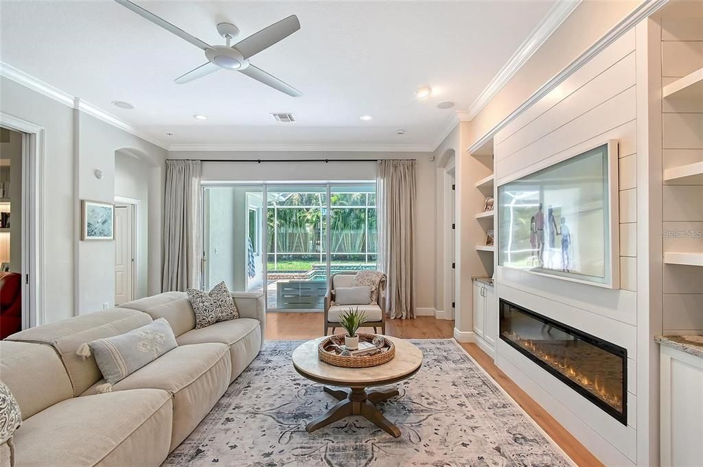Fireplace, Interior, Living room, Recessed Lighting, Wood Texture Flooring