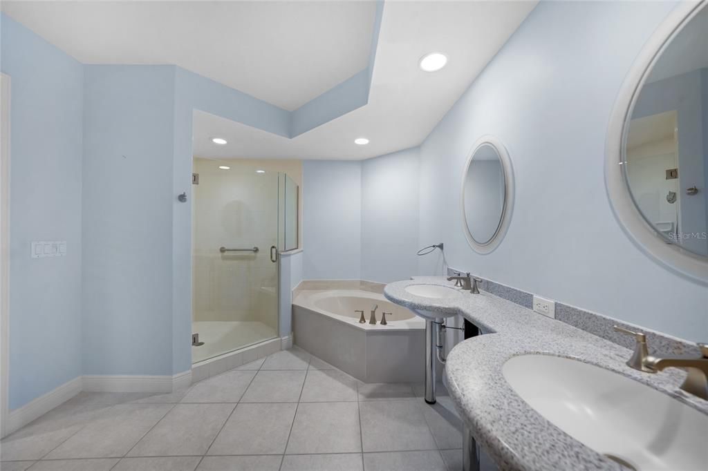 Bathroom, Dual Sink Vanities, Glass Shower, Interior, Recessed Lighting