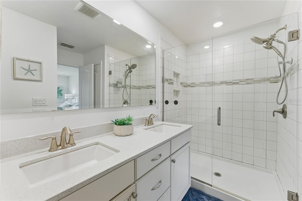 Bathroom, Dual Sink Vanities, Glass Shower, Interior, Recessed Lighting