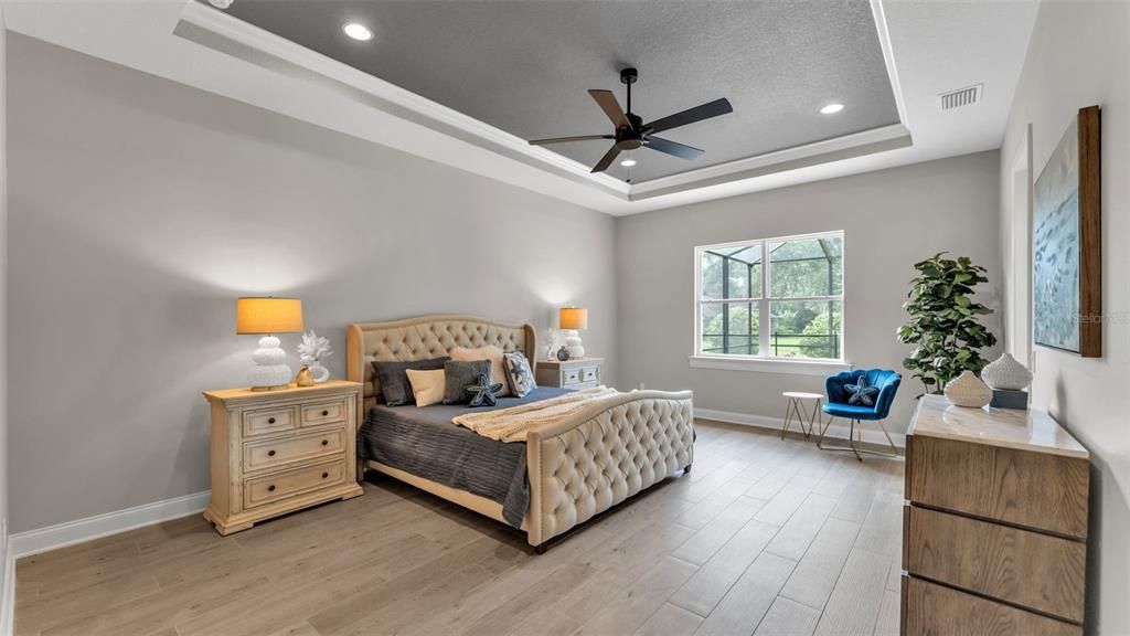 Bedroom, Interior, Recessed Lighting, Wood Texture Flooring