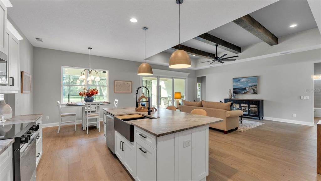 Dining room, Interior, Kitchen, Living room, Pendant Lights, Recessed Lighting, Wooden Beams, Wood Texture Flooring