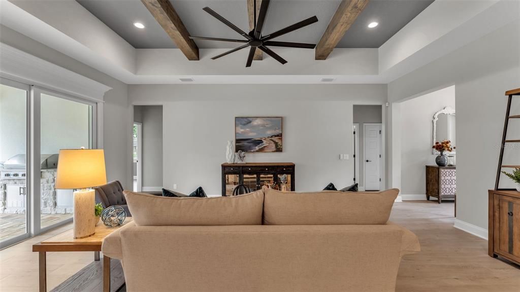 Interior, Living room, Recessed Lighting, Wooden Beams, Wood Texture Flooring