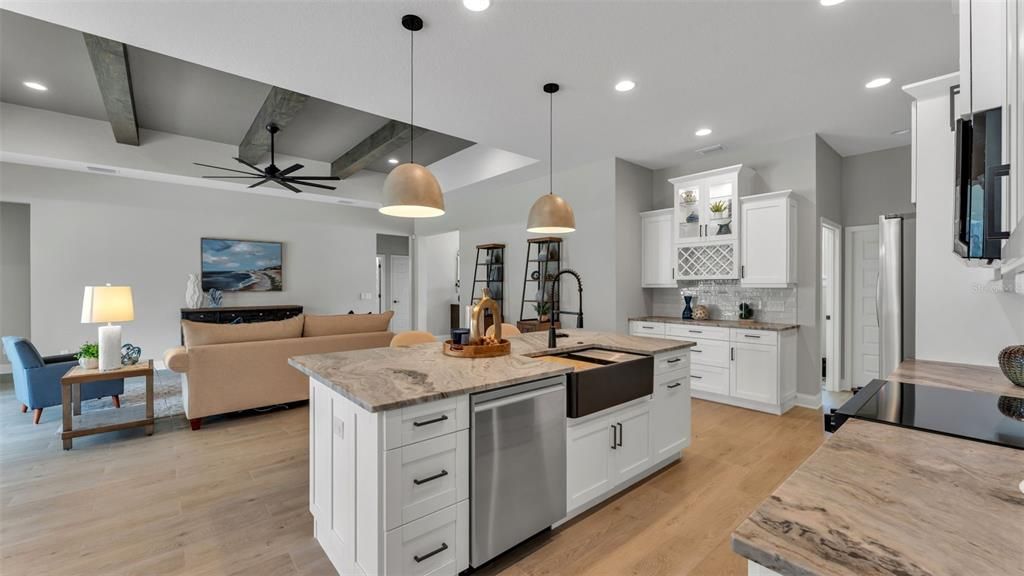 Interior, Kitchen, Living room, Pendant Lights, Recessed Lighting, Stainless Steel Appliances, Wood Texture Flooring
