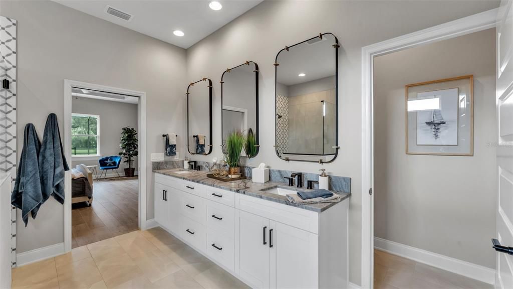 Bathroom, Dual Sink Vanities, Interior, Recessed Lighting, Wood Texture Flooring