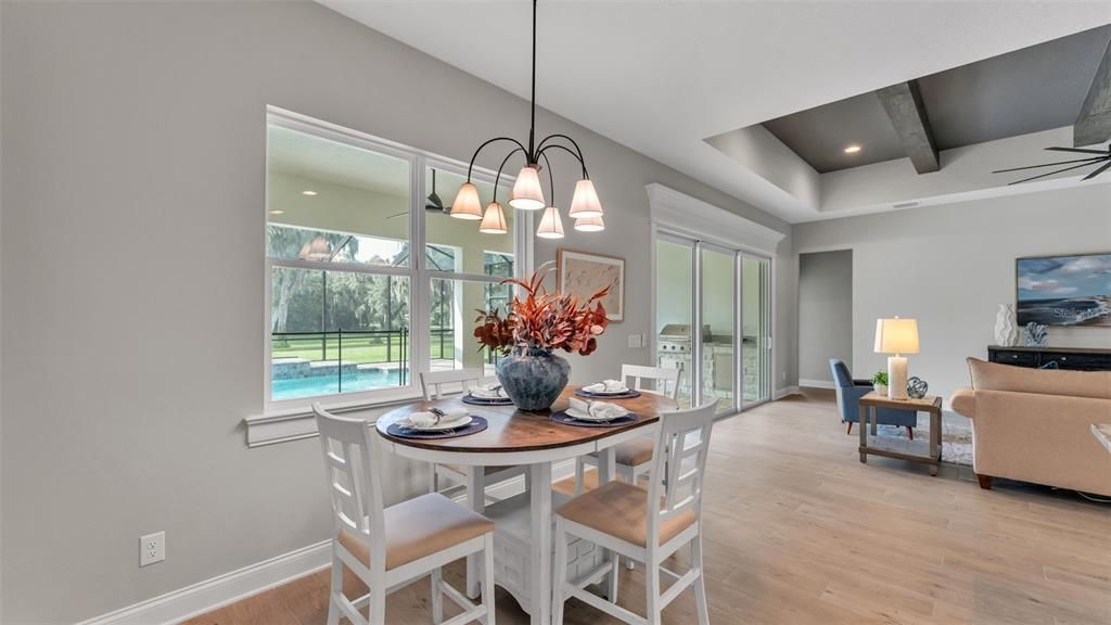 Dining room, Interior, Pendant Lights, Recessed Lighting, Wooden Beams, Wood Texture Flooring