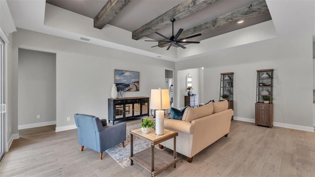 Interior, Living room, Recessed Lighting, Wooden Beams, Wood Texture Flooring