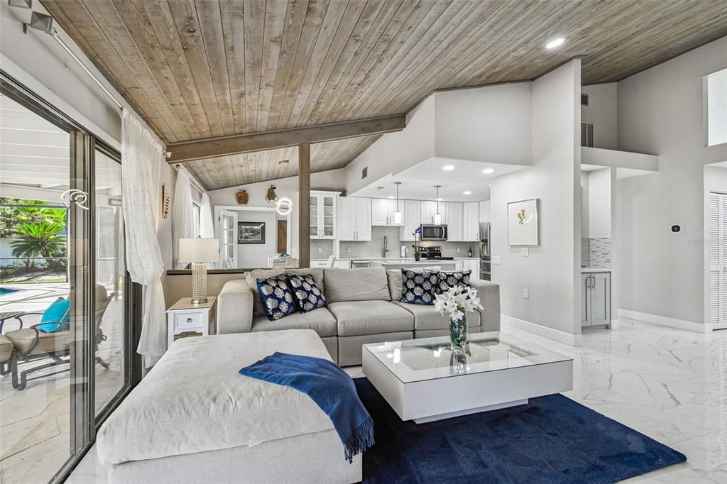 Interior, Kitchen, Living room, Marble, Pendant Lights, Recessed Lighting, Stainless Steel Appliances, Wooden Ceilings