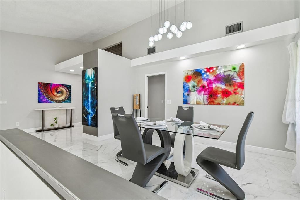 Dining room, Interior, Marble, Pendant Lights, Recessed Lighting