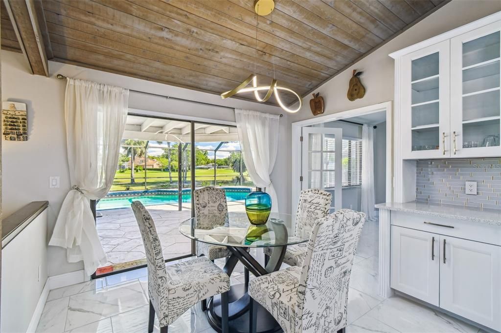 Dining room, Interior, Marble, Pendant Lights, Wooden Ceilings