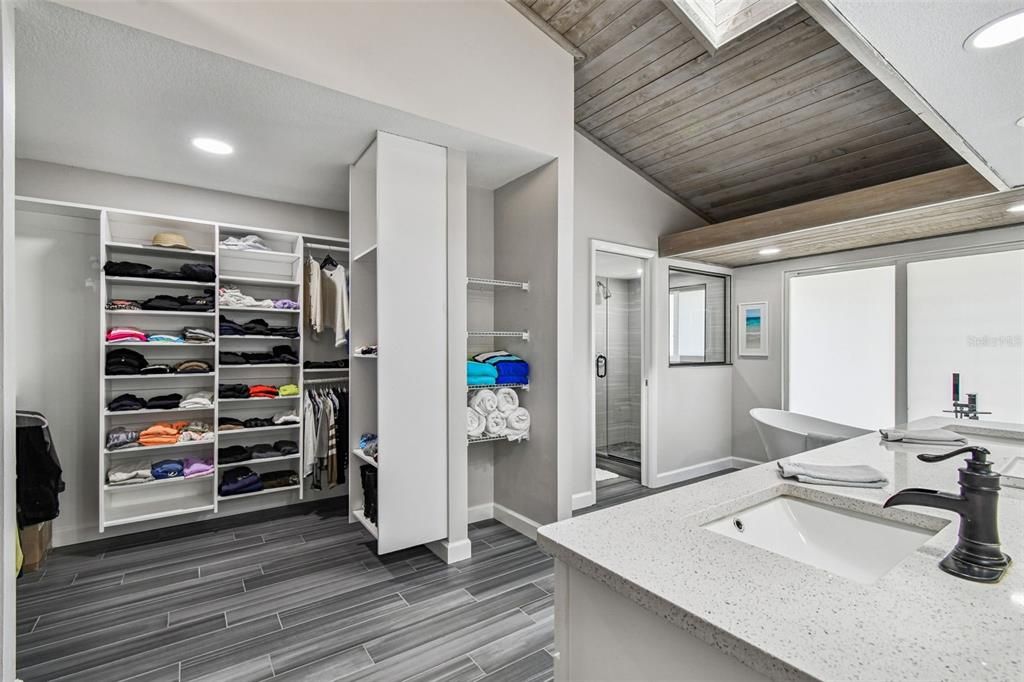 Bathroom, Dual Sink Vanities, Interior, Recessed Lighting, Walk-in Closets, Wooden Ceilings, Wood Texture Flooring