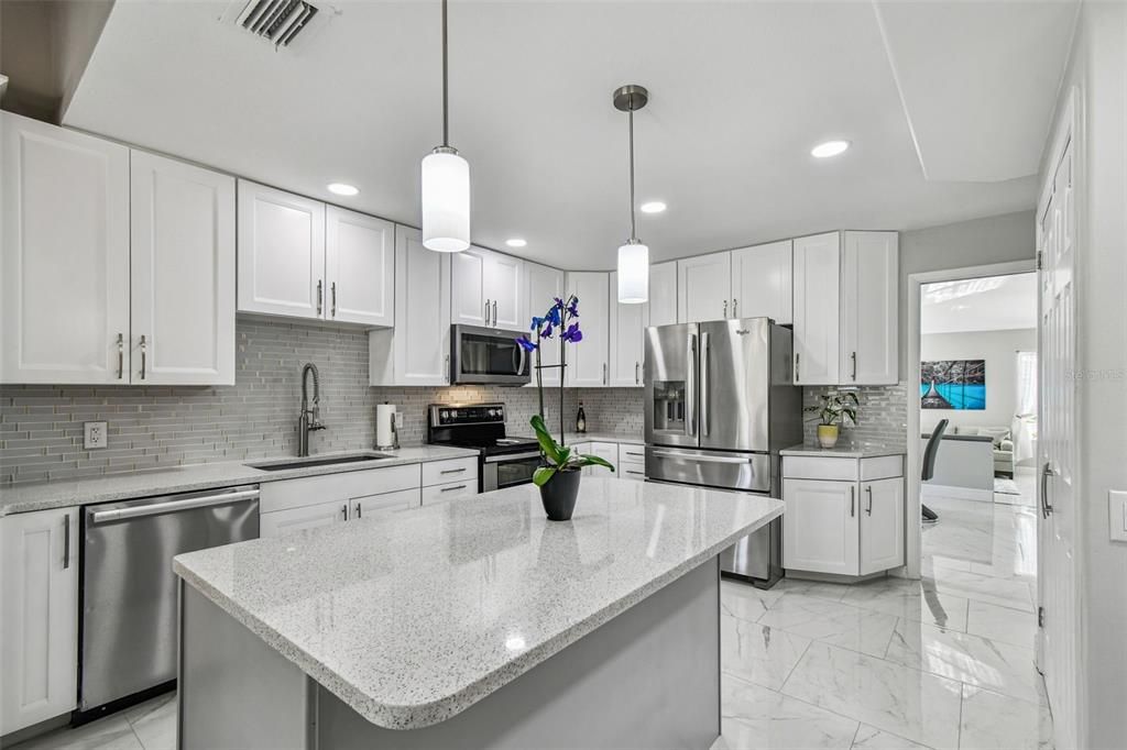 Interior, Kitchen, Marble, Pendant Lights, Recessed Lighting, Stainless Steel Appliances