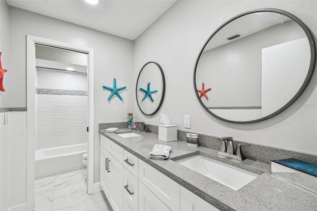 Bathroom, Dual Sink Vanities, Interior, Marble, Recessed Lighting