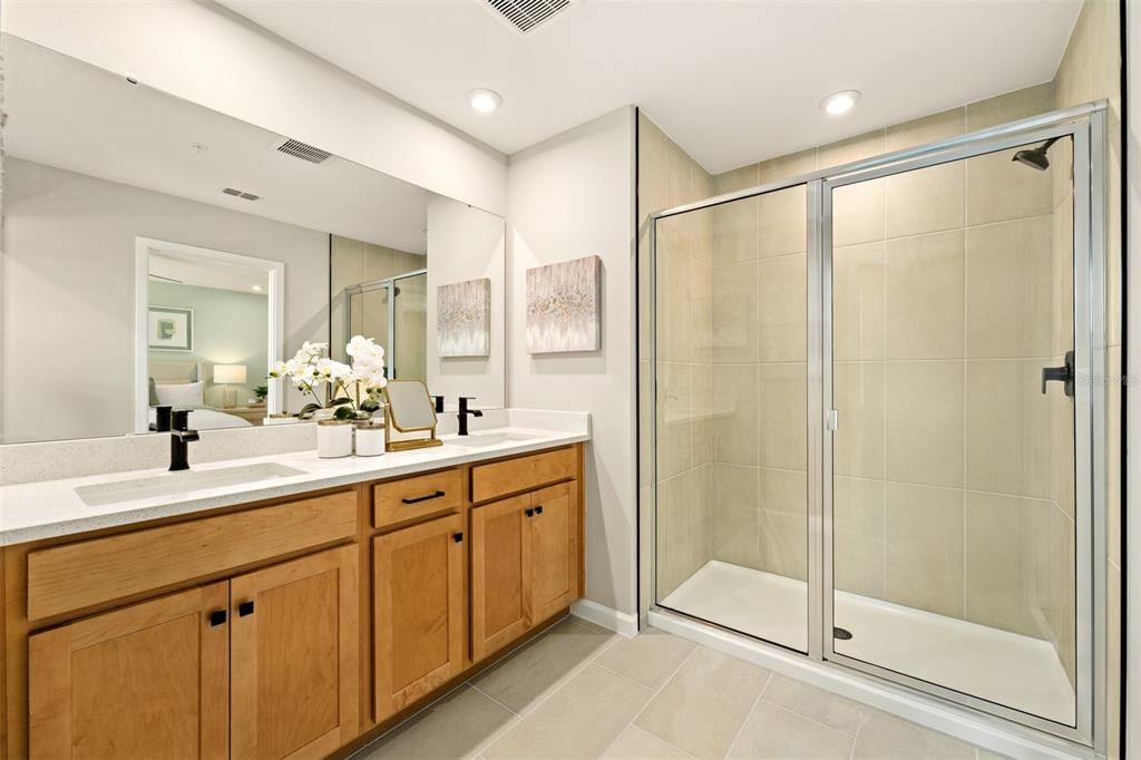 Bathroom, Dual Sink Vanities, Glass Shower, Interior, Recessed Lighting