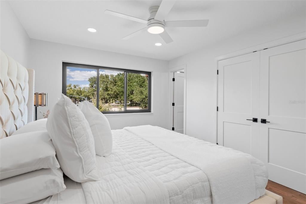 Bedroom, Interior, Recessed Lighting, Wood Texture Flooring