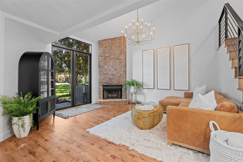 Fireplace, Interior, Living room, Pendant Lights, Wood Texture Flooring