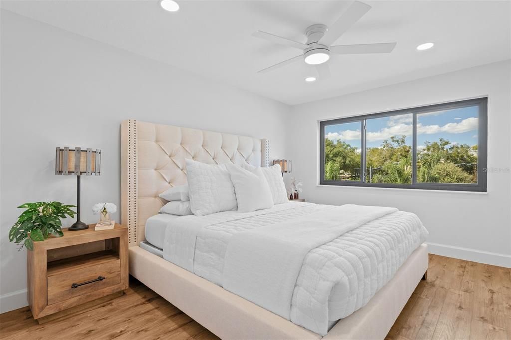 Bedroom, Interior, Recessed Lighting, Wood Texture Flooring