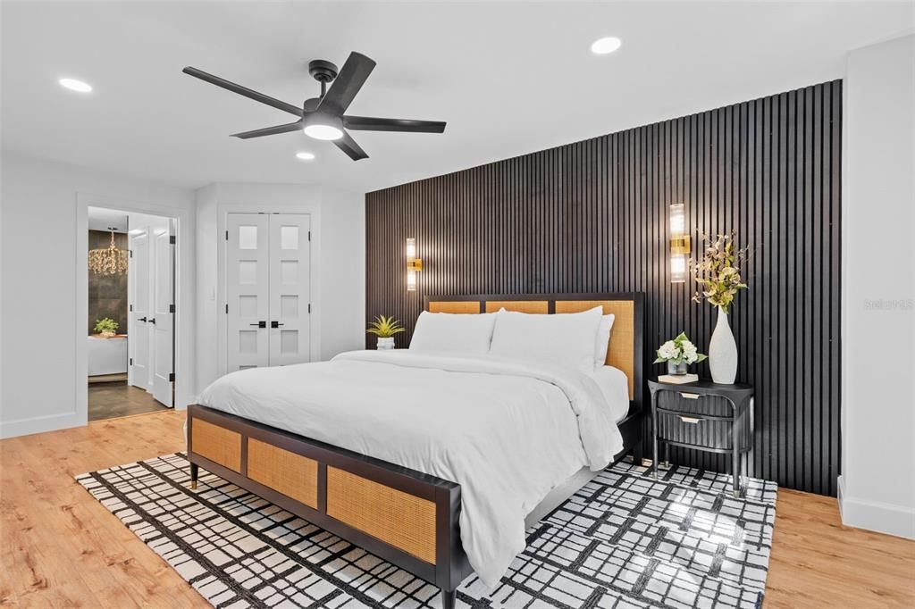 Bedroom, Interior, Recessed Lighting, Wood Texture Flooring