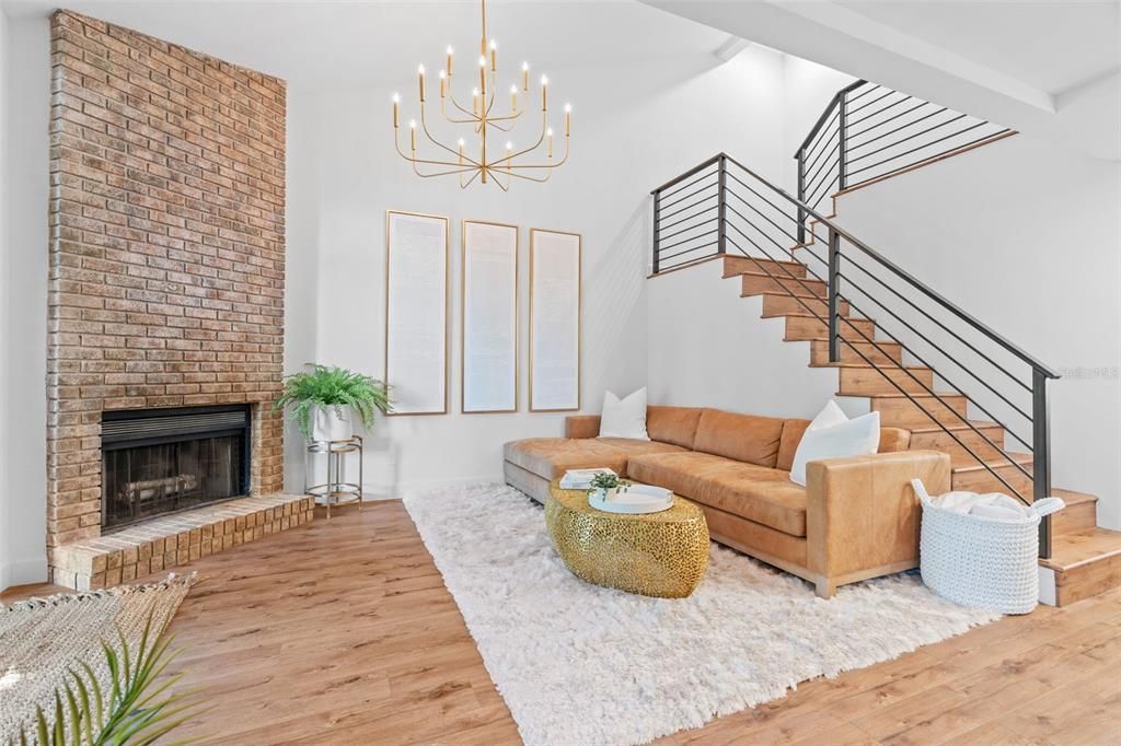 Fireplace, Interior, Living room, Pendant Lights, Stone Walls, Wood Texture Flooring