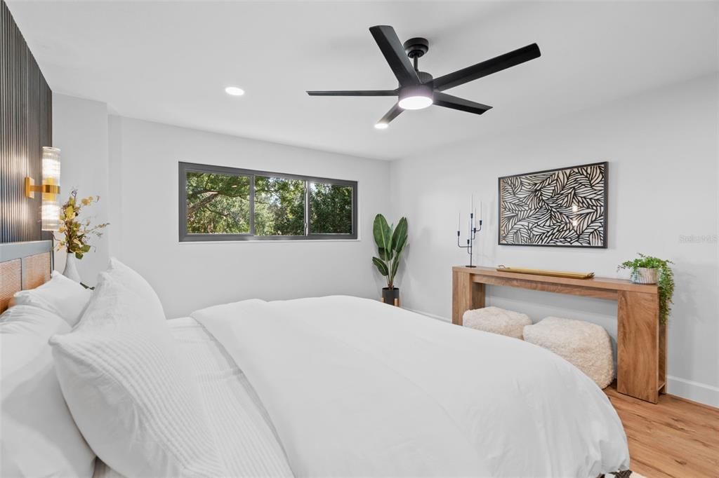 Bedroom, Interior, Recessed Lighting, Wood Texture Flooring