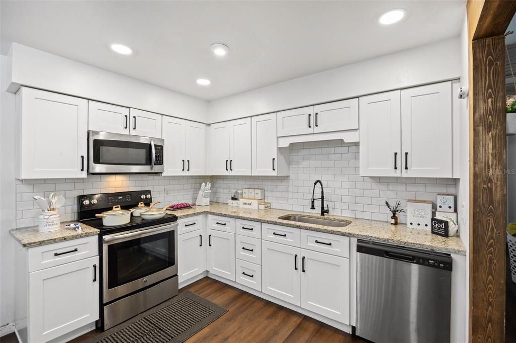 Interior, Kitchen, Recessed Lighting, Stainless Steel Appliances, Wood Texture Flooring