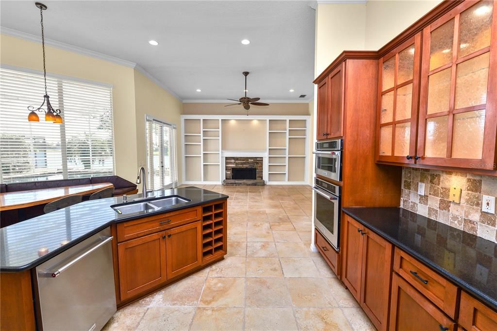 Fireplace, Interior, Kitchen, Pendant Lights, Recessed Lighting, Stainless Steel Appliances