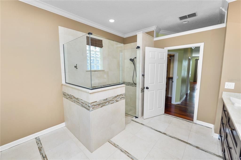 Bathroom, Glass Shower, Interior, Recessed Lighting, Wood Texture Flooring