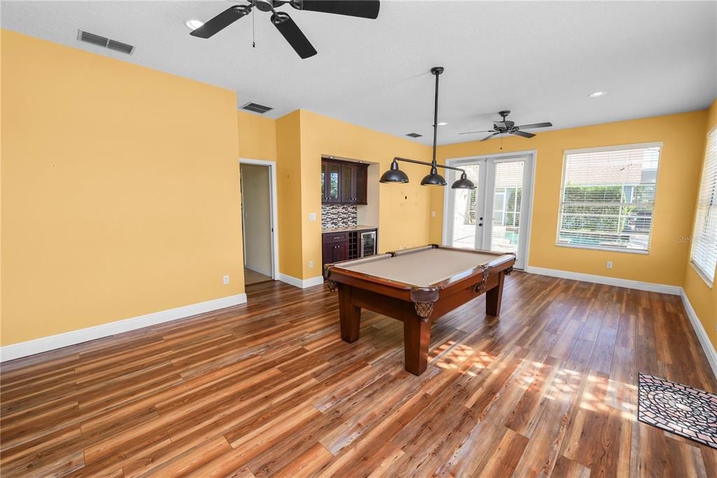 Billiard Table, Game Room, Interior, Pendant Lights, Recessed Lighting, Wood Texture Flooring