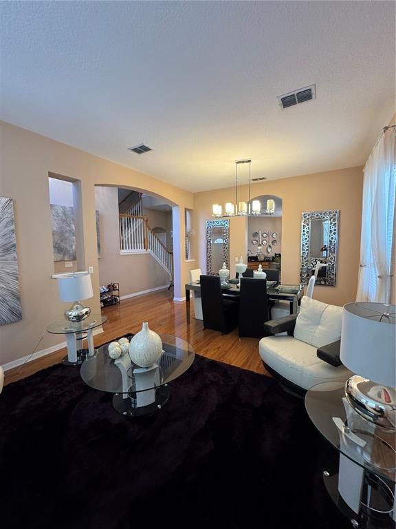 Dining room, Interior, Living room, Pendant Lights, Wood Texture Flooring